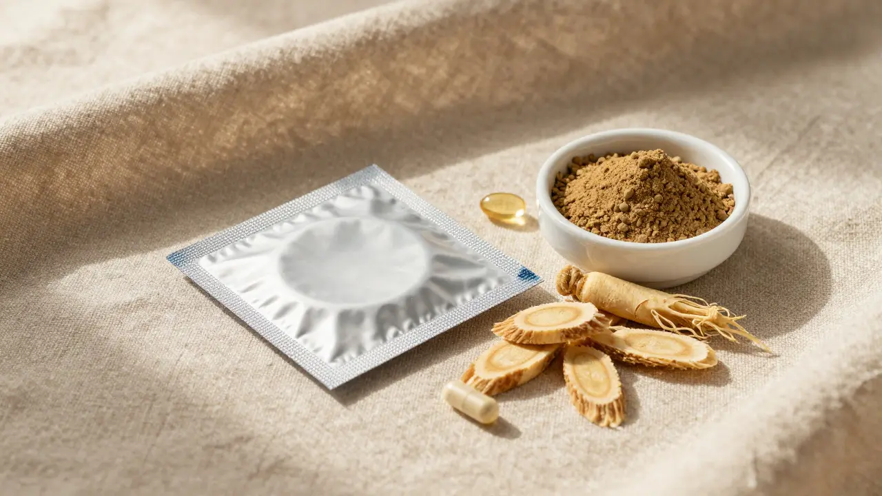 Kondom, bylinky a vitamíny pro sexuální zdraví na lnu