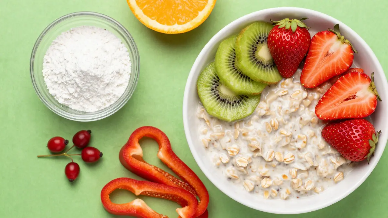 Miska s kaší, ovocem bohatým na vitamín C a želatinou