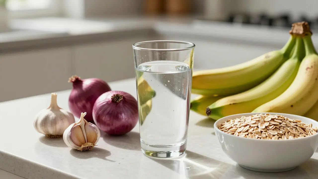 Přirozené zdroje prebiotik: cibule, česnek, banány a voda