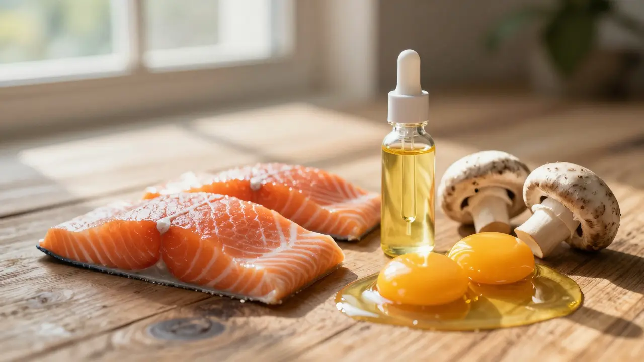 Přirozené zdroje vitamínu D: losos, vejce a houby na dřevěném stole