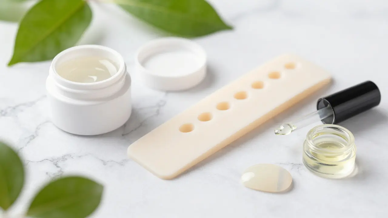 Produkty pro péči o nehty, včetně polygelu a oleje, na mramorovém podkladu