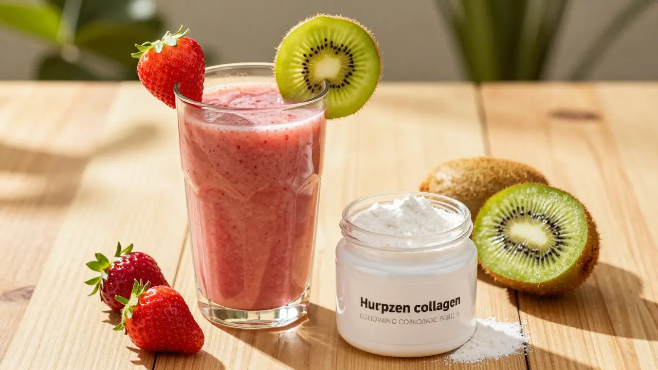 Smoothie s bobulím ovocem a prášek kolagenu pro podporu zdraví