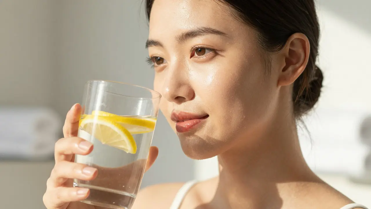 Žena s lesklou pletí a sklenicí vody s citronem, představující zdraví