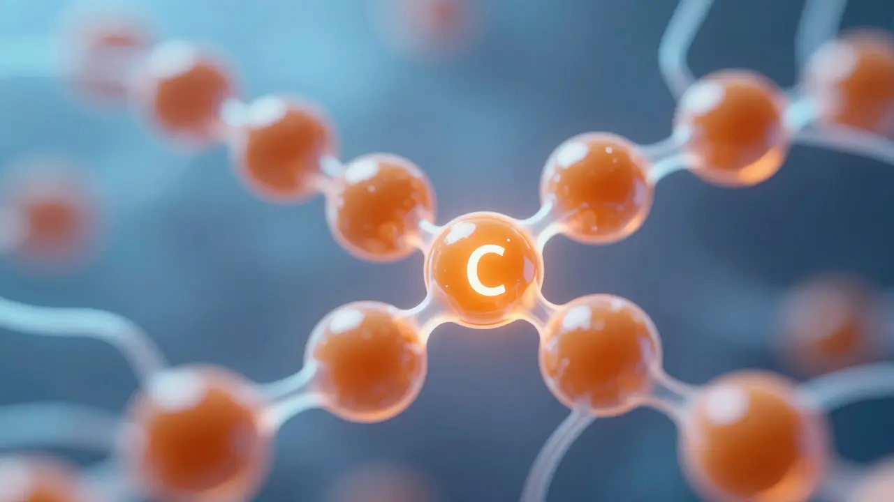 Abstraktní vizualizace interakce kolagenu a vitamínu C v molekulární formě