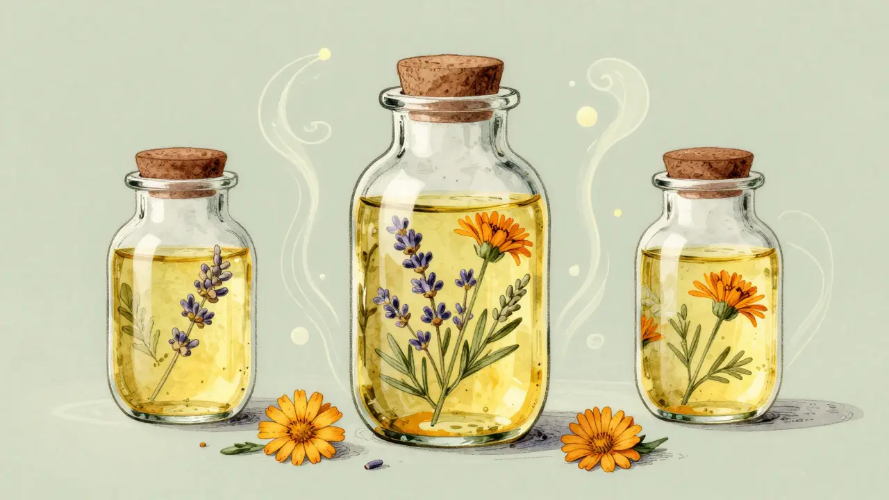 Artistic illustration of botanicals soaking in oil inside glass jars