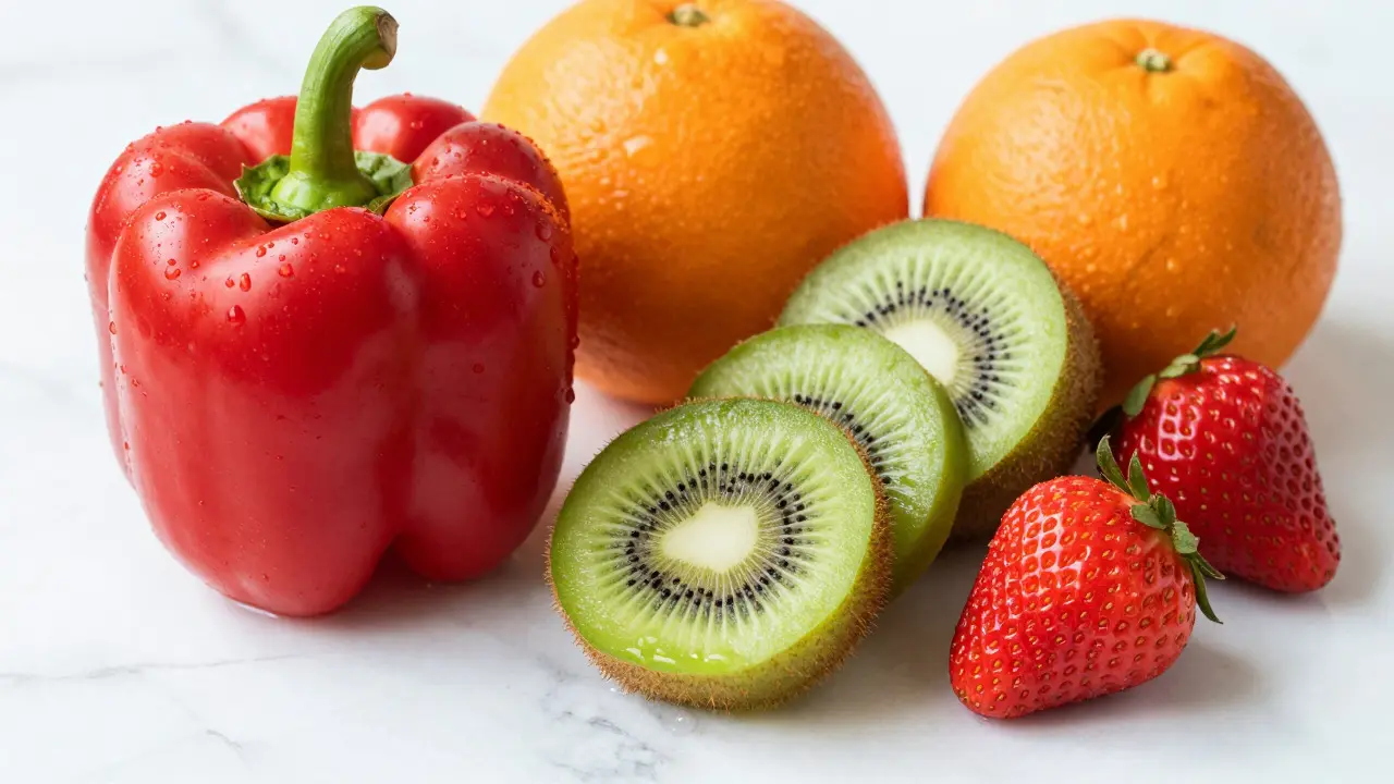 Červená paprika, kiwi a jahody jako zdroje vitamínu C