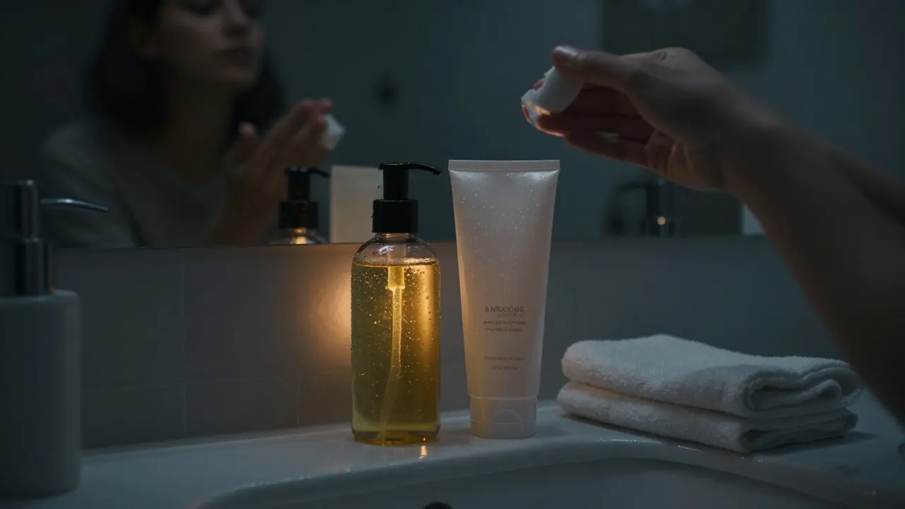 Facial oil and gel cleanser on a bathroom counter for double cleansing