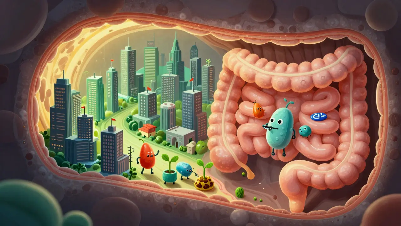 Ilustrace střevního mikrobiomu jako obnovující se města