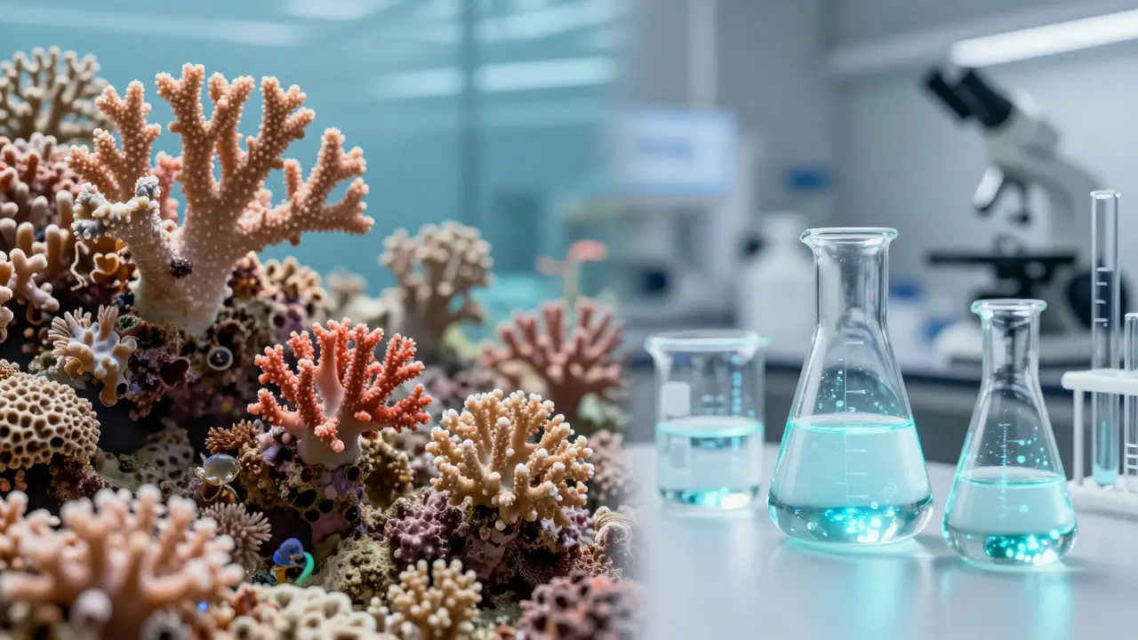 Kontrast mezi zdravým oceánem a laboratoří pro udržitelný kolagen