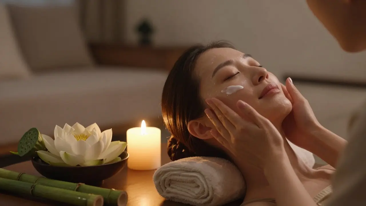 Woman applying facial cream during a calming evening routine