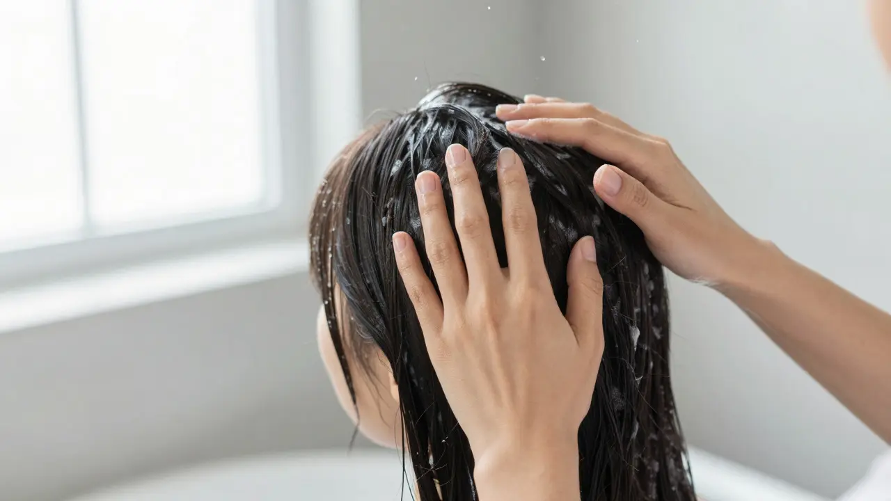 Žena si masíruje pokožku hlavy prsty při mytí vlasů