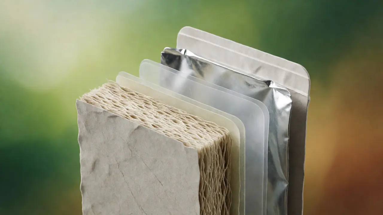Detailní řez vrstvami nápojového kartonu ukazující papír, plast a hliníkovou fólii.