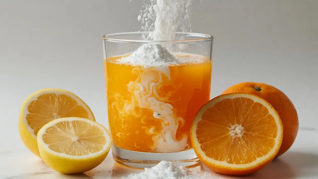 Hydrolyzovaný mořský kolagen míchaný do pomerančové šťávy s citrusy
