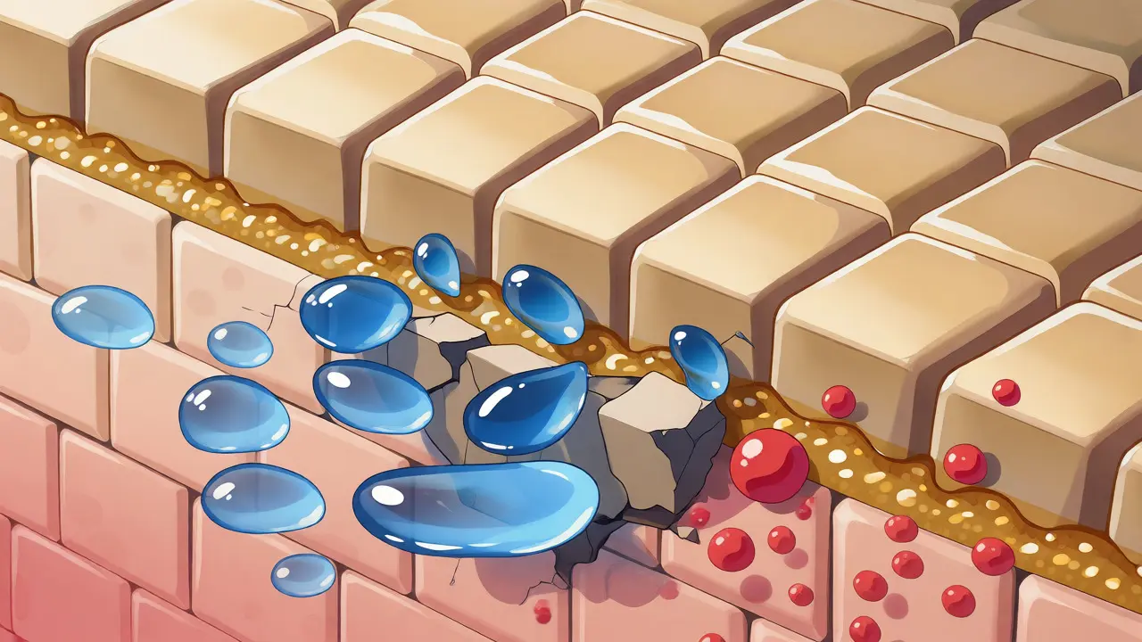 Ilustrace narušené lipidové bariéry pleti jako cihlová zeď