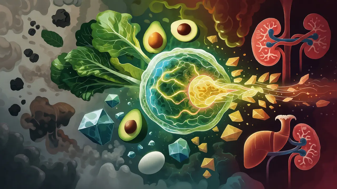 Konceptuální ilustrace buněčné energie z potravin a detoxikace organismu