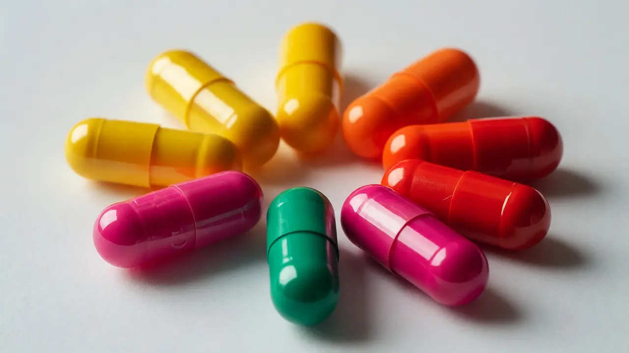Osm barevných kapslí vitamínů uspořádaných do kruhu na bílém pozadí