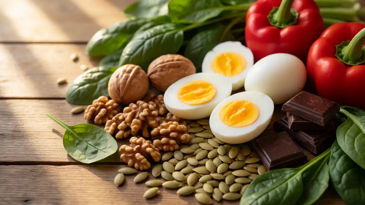 Plochá kompozice potravin bohatých na vitamíny pro nehty na dřevěném stole