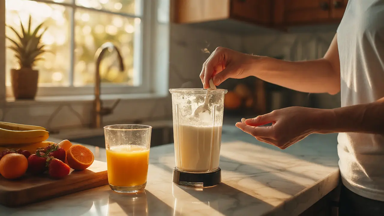 Příprava kolagenového smoothie s pomerančovou šťávou ráno
