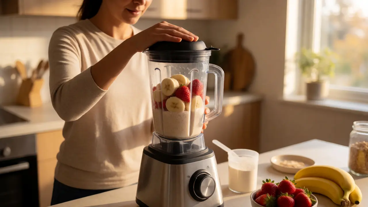 Žena připravuje ovocné smoothie s kolagenem ve slunné kuchyni
