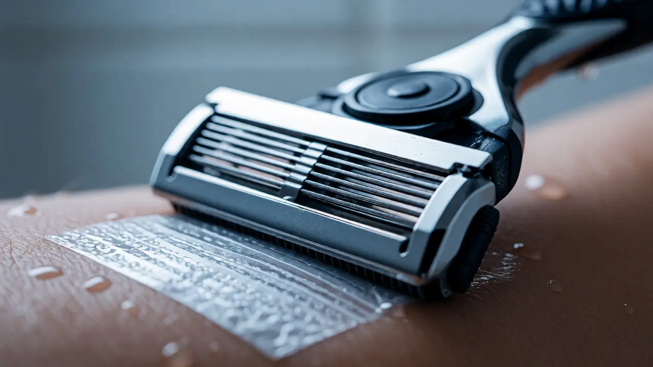 Detailní záběr na břitvu klouzající po napnuté pokožce v bikinové linii.
