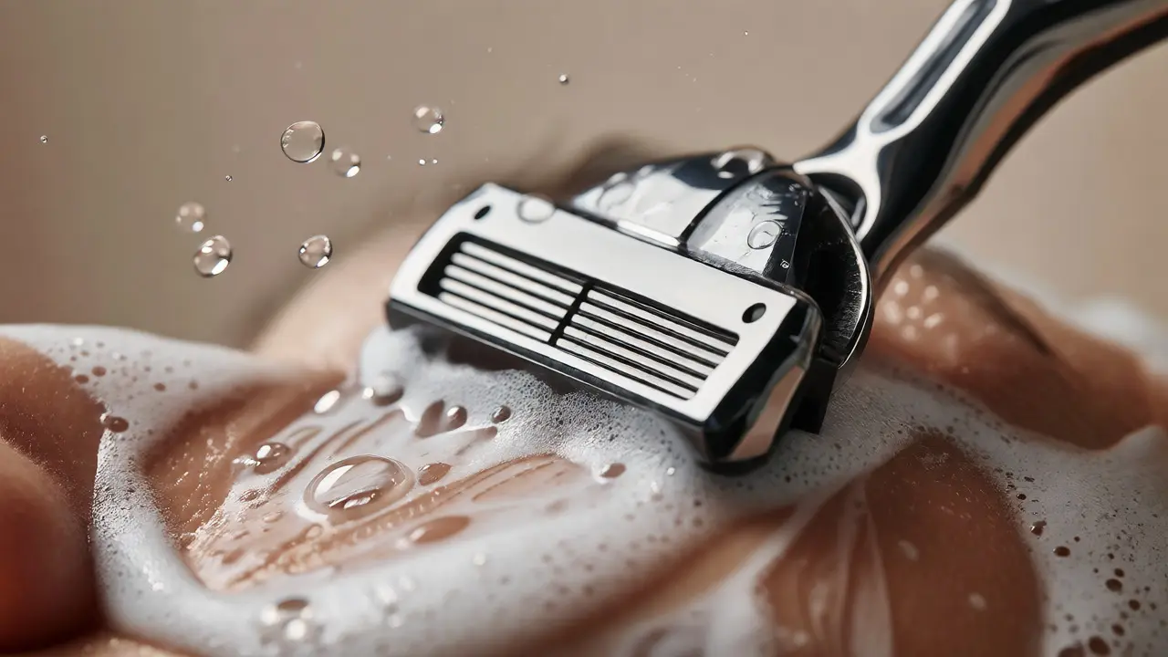 Detailní záběr na žiletku klouzající po napěněné pokožce