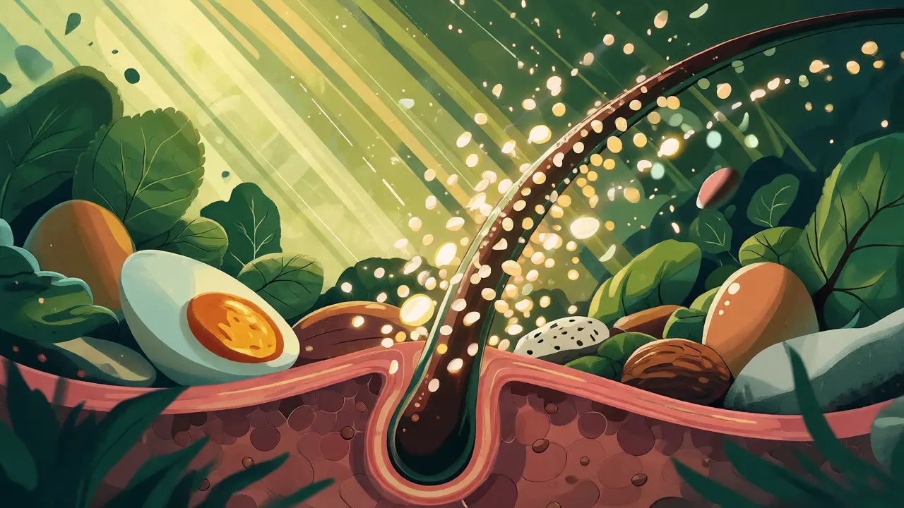 Ilustrace výživy vlasů pomocí živin z potravin jako paliva pro růst