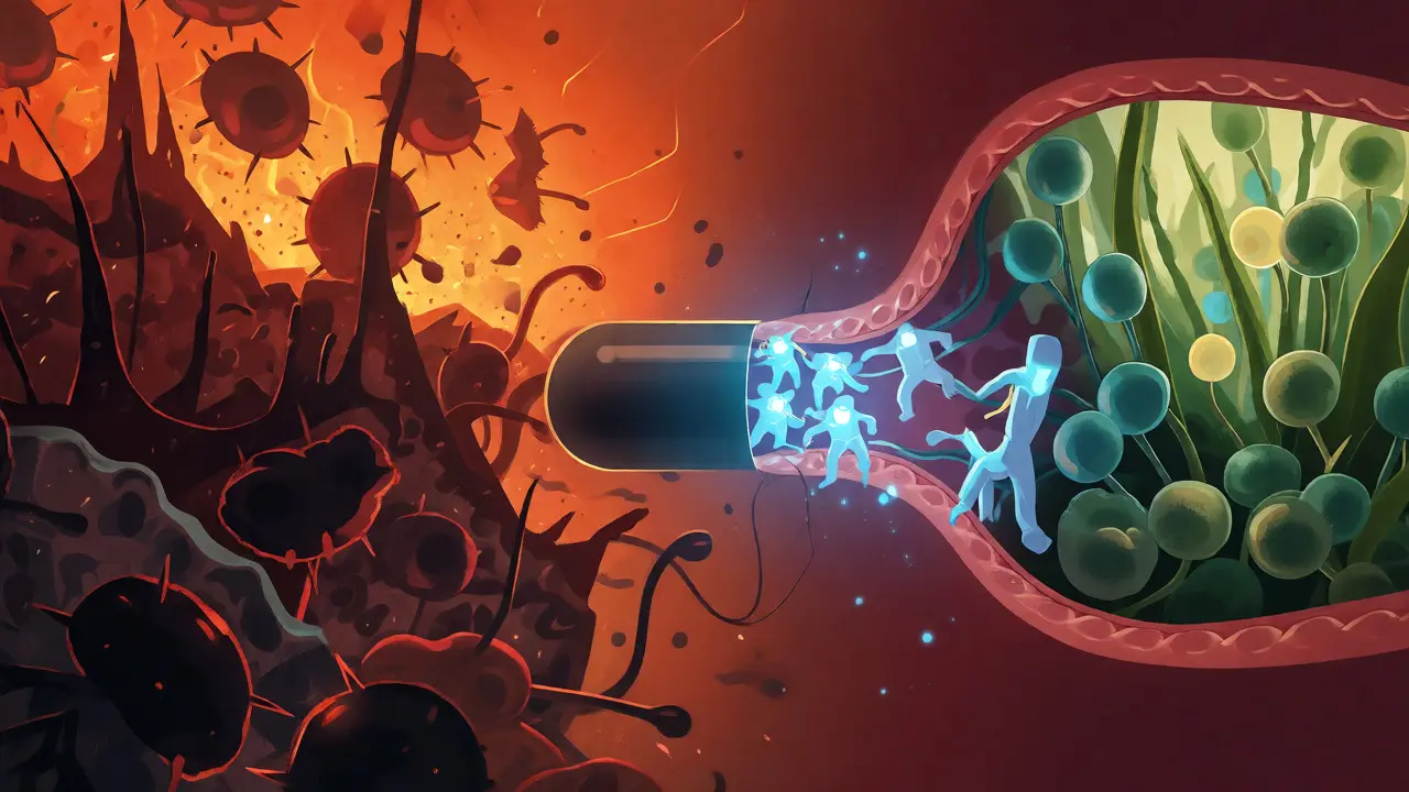 Konceptuální ilustrace obnovy střev po antibiotikách