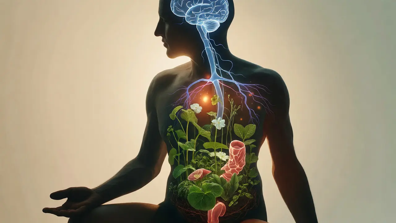 Konceptuální ilustrace spojení střev a mozku s kvetoucí zahradou v břiše.