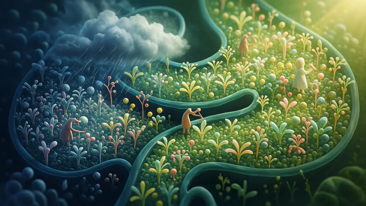 Konceptuální ilustrace trávicího traktu jako zahrady s péčí o bakterie