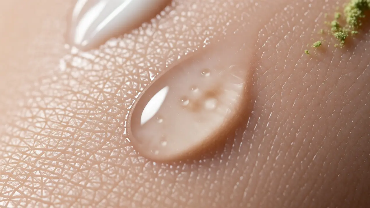 Macro shot of hydrating serum drop on radiant skin texture
