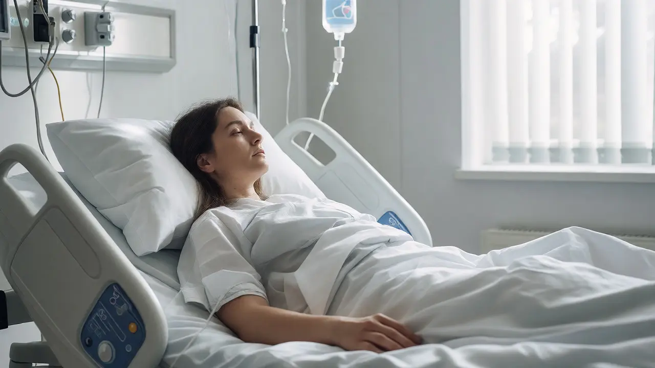 Pacient na lůžku v nemocnici během detoxikace, obklopen čistým bílým prostředím a klidem.